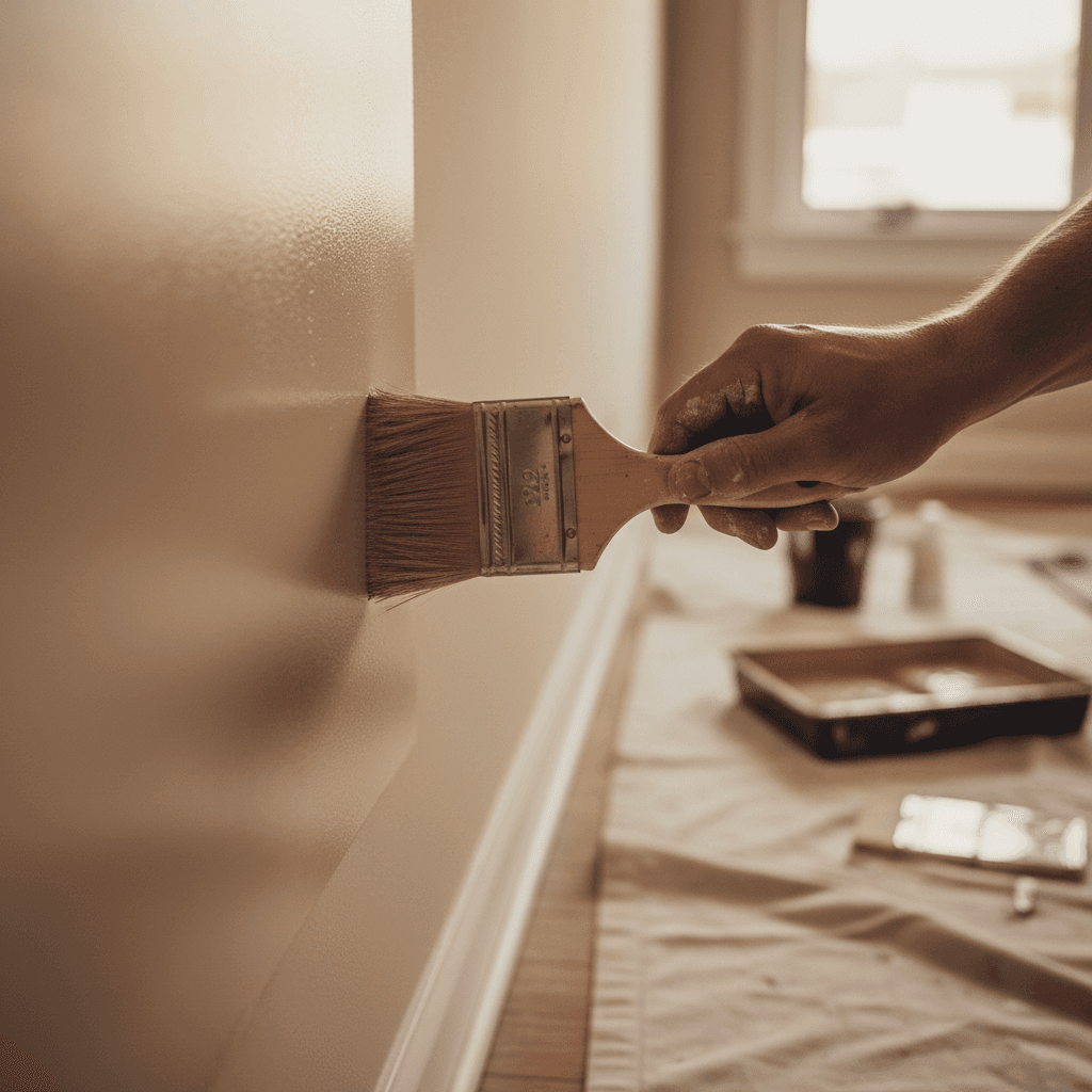 Close-up of skilled painter's hands applying paint to wall with precision brush technique