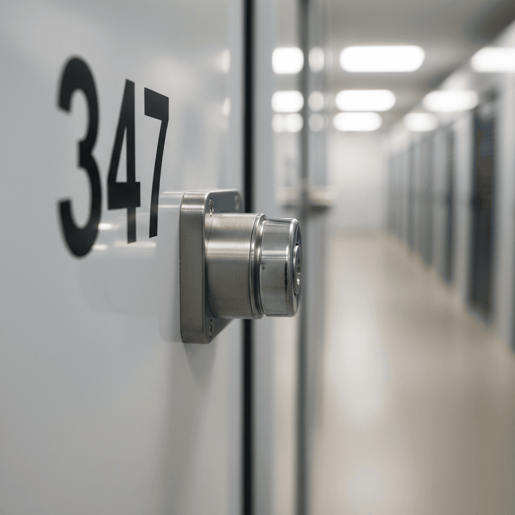 Close-up of polished stainless steel security lock on storage unit door showing quality hardware and protection